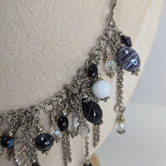Bib Style Art Glass Beaded Necklace Vintage Silver Tone Doble Chain - Picture 5 of 6